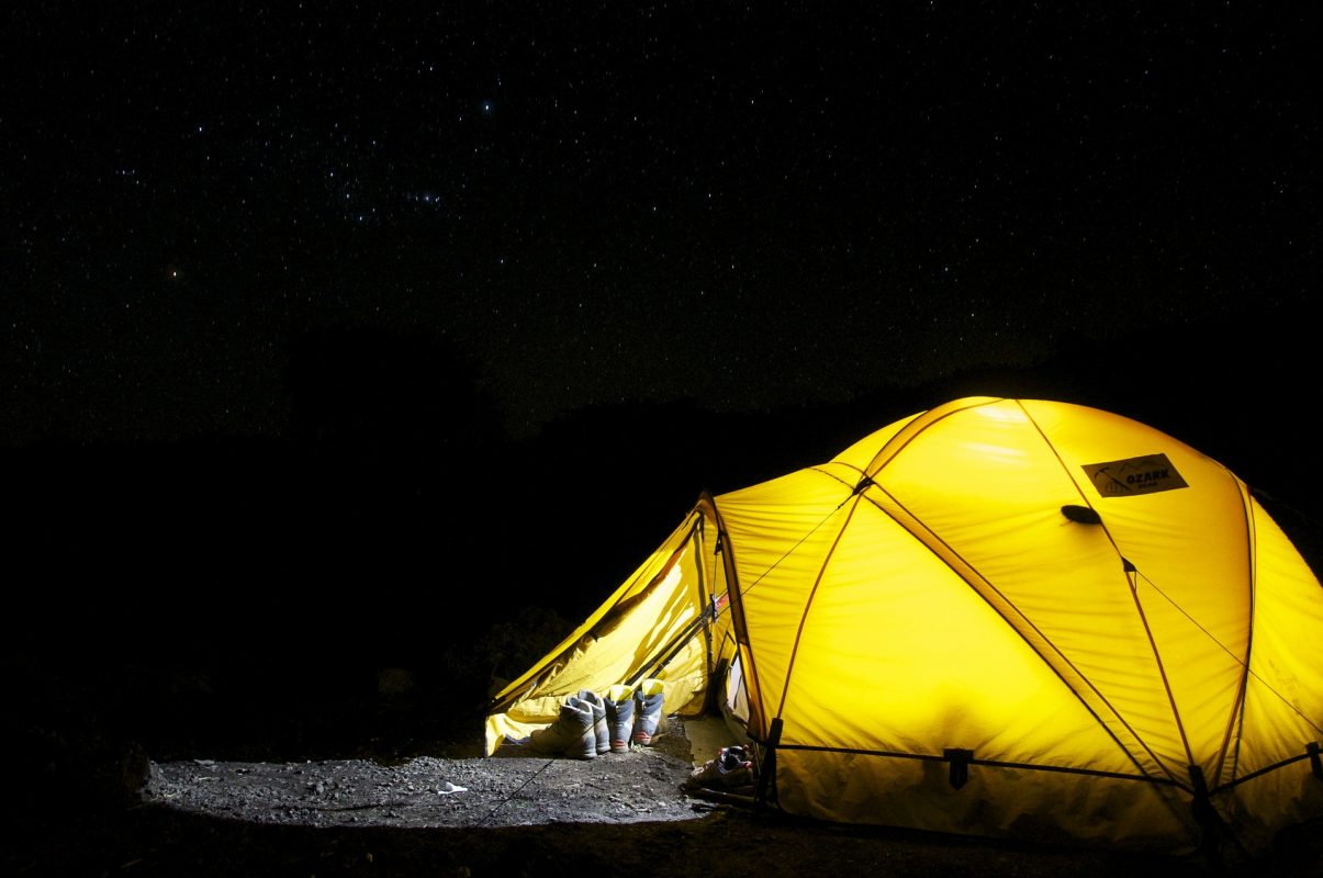 Yellow tent in the night